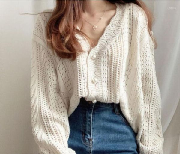 

vintage v neck cardigan sweater hollow out twisted jumper single breasted casual femme sweater1, White