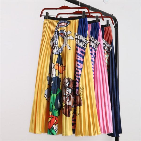 

2020 new autumn cartoon printed pleated skirt women long skirts high waist harajuku tulle a line mid calf skirts high quality, Black
