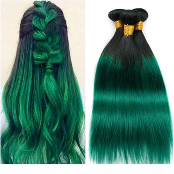 

#1b green ombre malaysian human hair weave bundles dark green ombre straight virgin human hair wefts extensions black roots 10-30