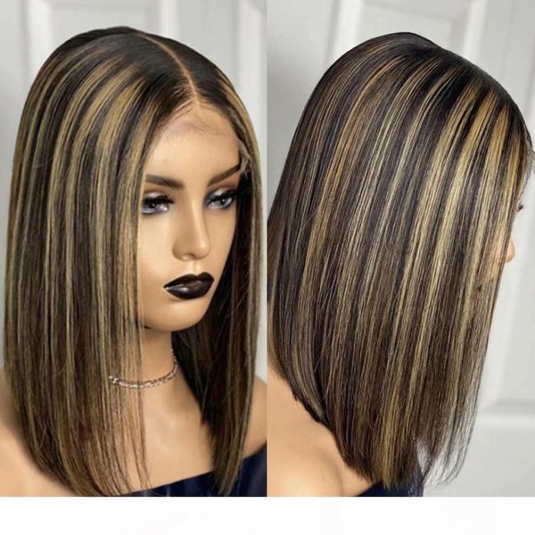 

highlight straight bob lace closure human hair wigs for black women brazilian remy hair pre plucked 180% 13x6x1 bob wig, Black;brown