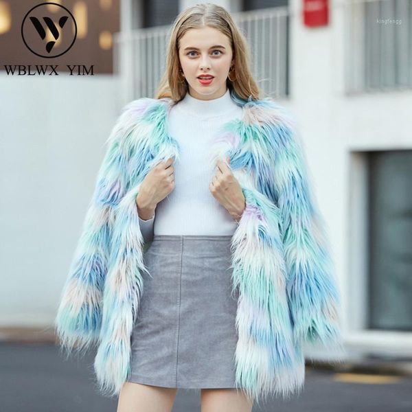

winter coat women fashion rainbow color faux fur caot loose soft thick warm fur jacket female casual coats furry outerwear1, Black