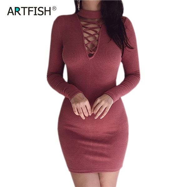 

knitting fashion autumn winter knitted bodycon dress long sleeve lace up bandage plugging sweater dress party dress gv373 201127, Black;gray