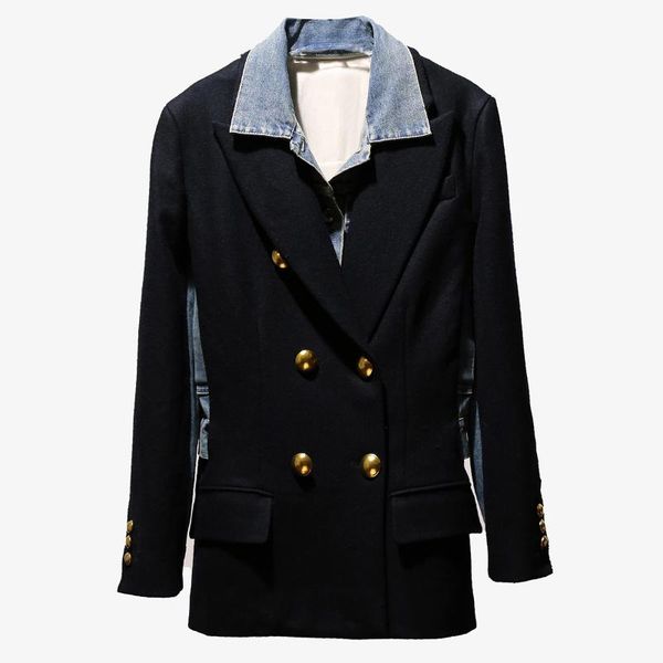

women's wool & blends women 2021 woolen coats denim patchwork vintage jackets winter color matching casual overcoat double breasted, Black