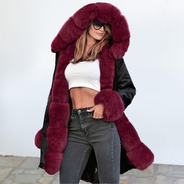 

fur winter jacket women designer retro hooded female coat outwear fashion vintage warm long women parka jaqueta feminina dr1184, Black
