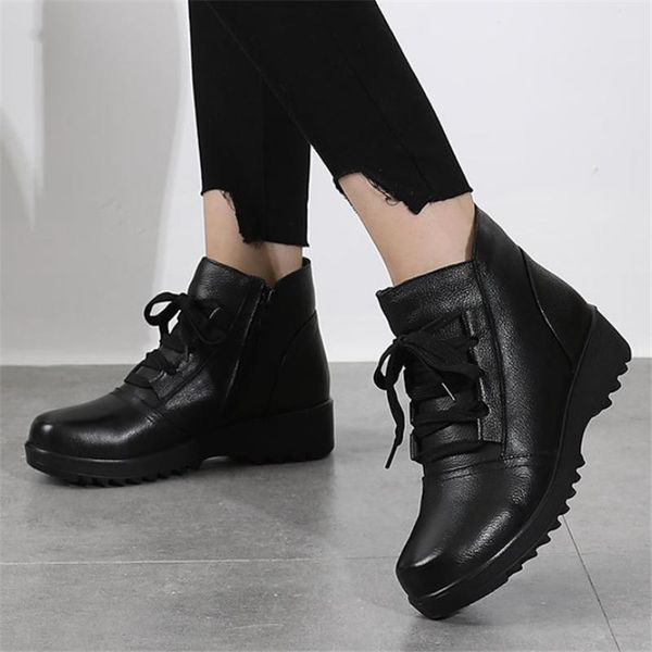 

winter new style leather plus velvet warm leather boots bottom non-slip cotton shoes plus size snow boots women ankle q92, Black