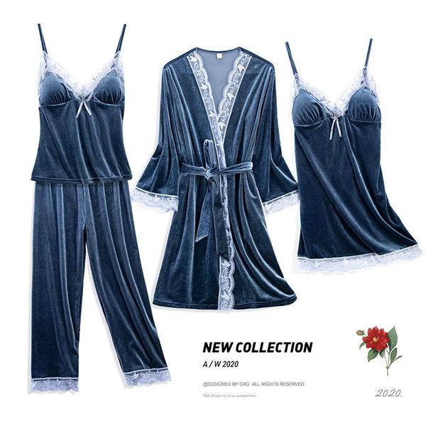 

women's sleepwear bride wedding 4pcs kimono robe gown sets hollow out lace flower trim velour lingerie lady autumn winte nightwear, Black;red