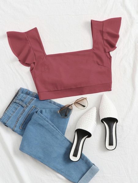 

square neck tie back ruffle trim crop j7lj#, White