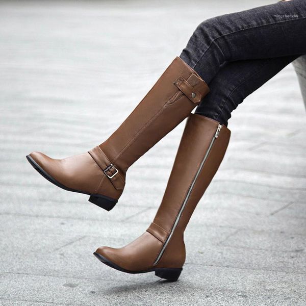 

boots ymechic winter mid long chunky heels buckle knight women black brown side ziper tall botas female shoes big size1