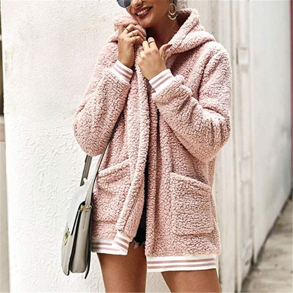 

women coat soft fleece winter autumn warm jacket hooded overcoat female fashion stripe casual loose outwear coat hooded cardigan c1106, Black;brown