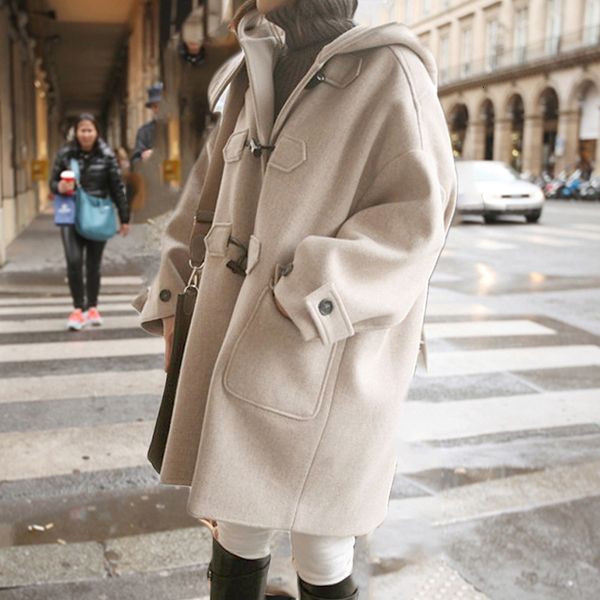 

hepburn hooded overcoat women's mid long autumn winter 2020 new korean loose and thickened woolen jacket, Black