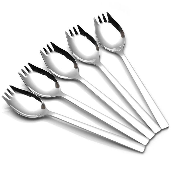 

5pcs 100% real stainless steel sporks 2 in 1 kitchen gadgets accessories salad dessert spaghetti spoon fork combo kitchen tools