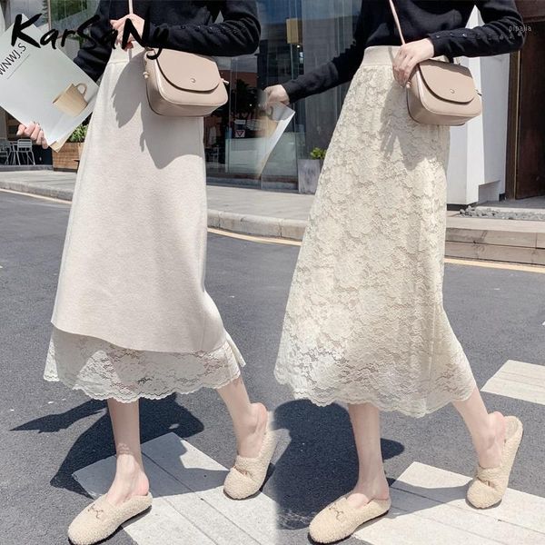 

a-line autumn winter skirt knitted lace double-sided midi green skirt for women high waist warm lace skirts knitted winter1, Black
