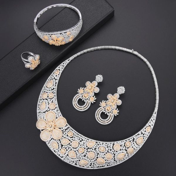 

siscathy 4pcs jewelry sets dubai women bride wedding accessories cz statement necklace earrings bangle rings for women, Silver