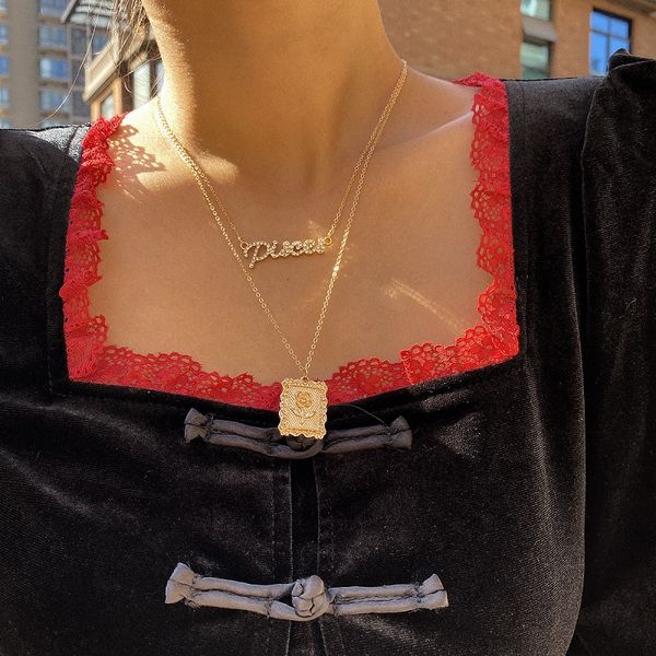 

crystal rhinestone letters rose flower necklace double layer vintage rose embossed square pendant necklaces statement jewelry accessories, Silver