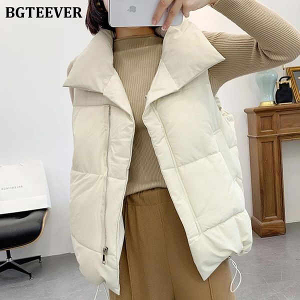 

bgteever casual thick zipper up pockets women parkas 2021 winter sleeveless coats ladies warm loose solid vest down jackets, Black;white