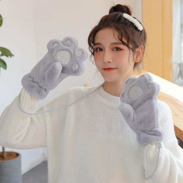 

five fingers gloves cartoon claw mittens soft velvet bear thickening cashmere plush full finger fluffy cute winter, Blue;gray