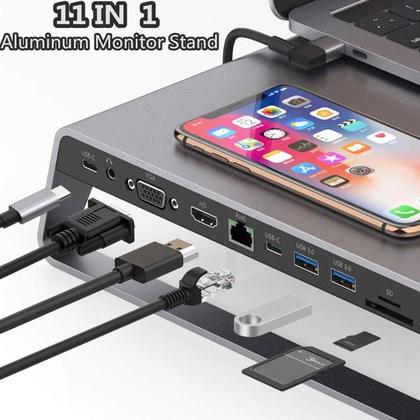 

new aluminum monitor stand docking station with usb c hub support 4k hdmi vga tf card wireless charge dom668
