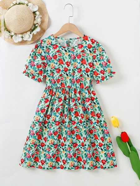 

girls allover floral print puff sleeve dress she, Red;yellow