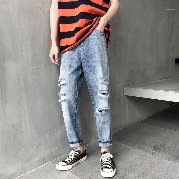 

summer new jeans men fashion solid color torn hole denim pants man streetwear trend wild hip hop trousers male clothes1, Blue