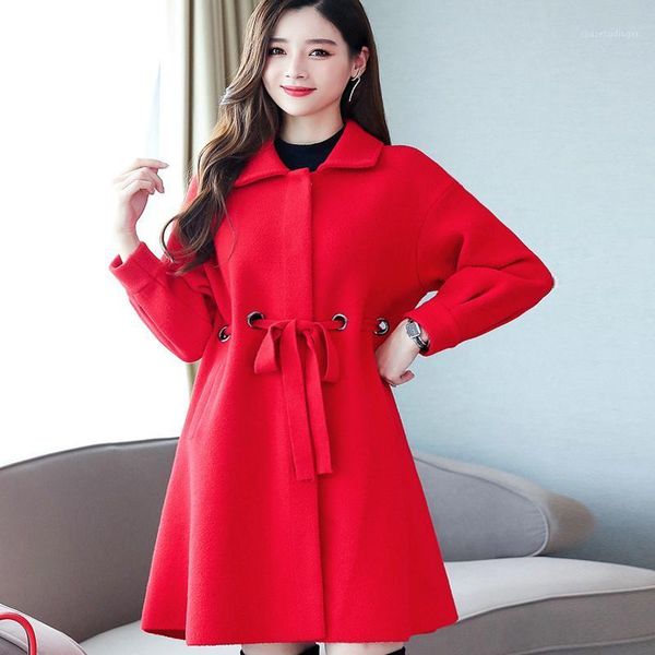 

solid woolen coat mid-length covered button drawstring adjustable waist slim lantern ssleeve fashion clothes for women 2020 fall1, Black