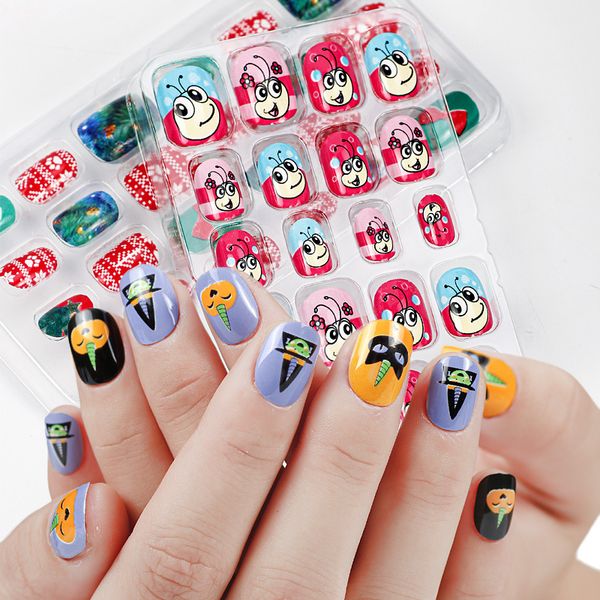 

nail art stickers cartoon christmas fake nail removable with back glue for children 24 pieces diy nail sticker accessories, Black