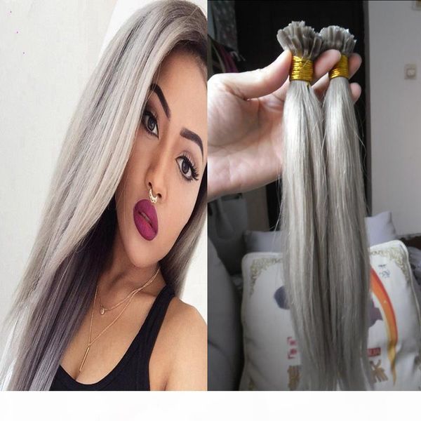 

grey fusion hair extensions keratin nail u tip hair extensions 100g silver hair extensions human keratin, Black