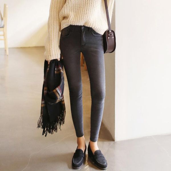 

nj02 2020 thin waist jeans nine korean female grey legging feet pencil pants 9 black women jeans, Blue