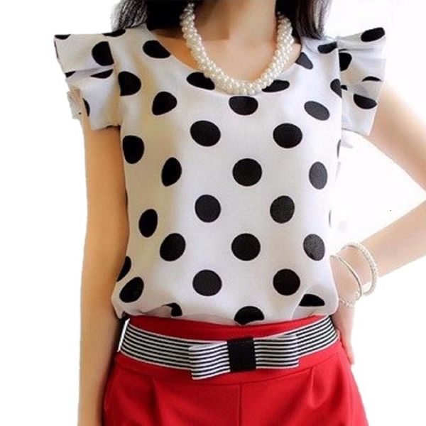 

summer shirts black white polka dot women chiffon blouse ruffled short sleeve shirt female plus size blouse
