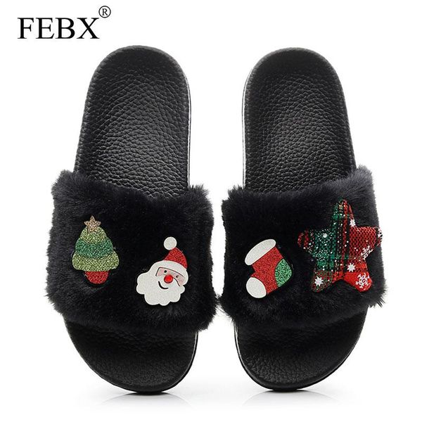 

slippers winter cute slip on women flurry christmas flats shoes ladies non-slip home outdoor footwear female fashion 2021, Black