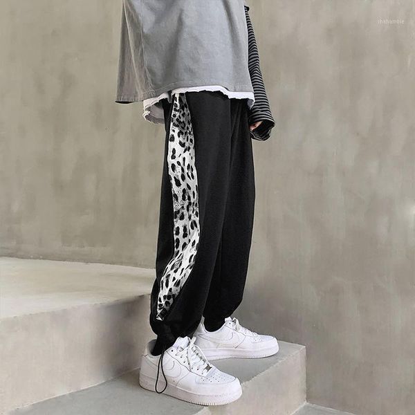 

leopard printed stitching sports pants mens all-match casual pants nine points loose sports trousers oversize four seasons1, Black