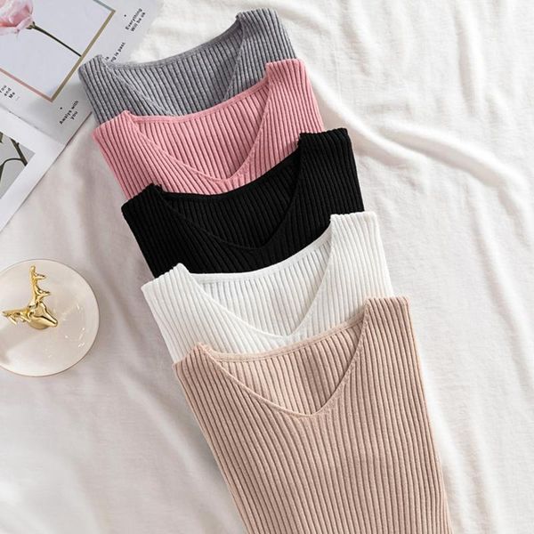 

long sleeve v-neck high elasticity slim sweaters women ribbed autumn winter jumpers fashion white pullovers knitted casual 1, White;black