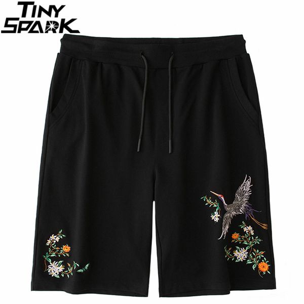 

men hip hop jogger shorts streetwear embroidery floral sweatpants cotton summer track short sweat loose kg-374, White;black