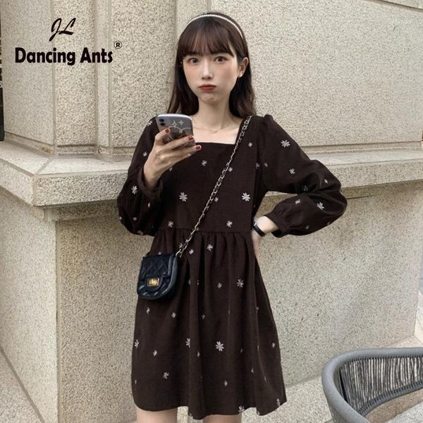 

women print dress a-line square collar high waist long puff sleeve mini-length vintage slim autumn korean new french clothes1, Black;gray