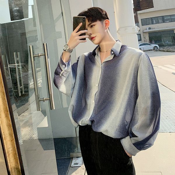 

2021 new spring designer patchwork gradient printing loose dye of long-glove popular web style celebrity men's shirt shirt. op1o, Black