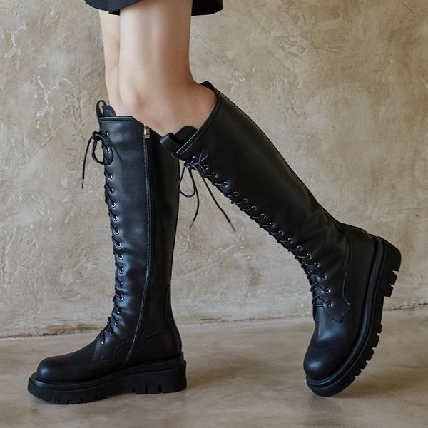 

boots lace up knee high women genuine leather winter women's platform lady casual punk shoes woman black