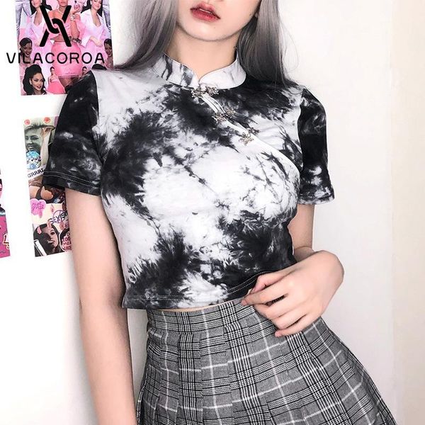 

women's t-shirt chinese style tie dye women stand neck t shirt summer retro butterfly buckle crop high waist tee short sleeve female ts, White
