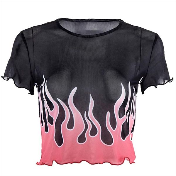 

ruched hem casual thin o neck flame summer slim fit attractive perspective women crop cool printed short sleeve, White