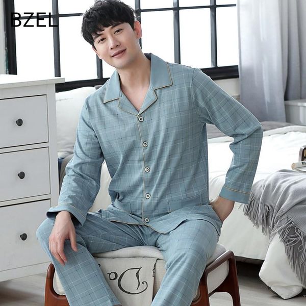 

bzel cotton pajamas for men cardigan striped long sleeve sleepwear casual plaid home clothes pyjama male plus size man pjs, Black;brown