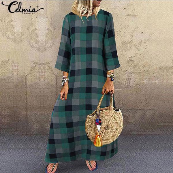 

bohemian printed dress celmia women 3/4 sleeve vintage plaid casual long shirt dress kaftan robe pockets party work vestidos, Black;gray