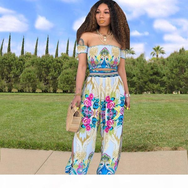 

selling women's two piece pants bohemian style pullover off shoulder slash neck short sleeve crop tshirt wide-legged pants spli, White