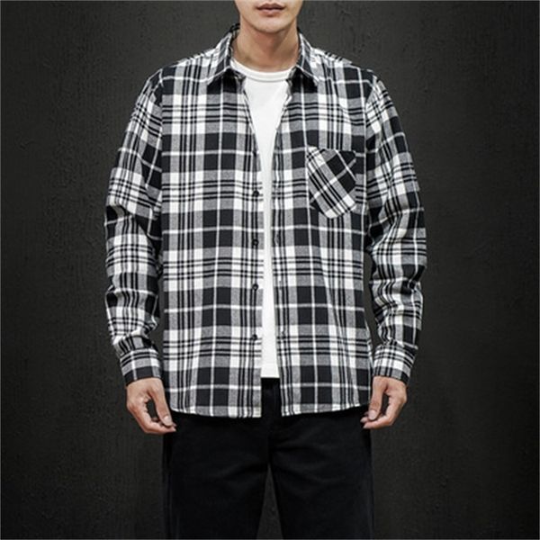 

2021 brand spring autumn long sleeves new flannel collar korea style shirt for men's plaid harajuku clothing 0y7q, White;black