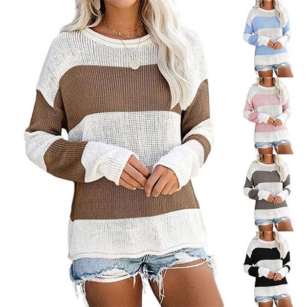 

loose knitted sweater women jumpers long sleeve 2020 autumn winter color block striped sweater woman warm pullovers sweaters, White;black