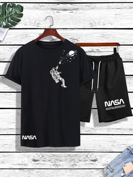 

men letter & cartoon graphic tee & drawstring waist track shorts d10j#, Gray