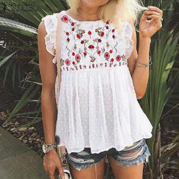 

bohemian floral tank womem's embroidery blouse zanzea 2020 sleeveless summer ruflle shirts female high waist lace tunic1, White
