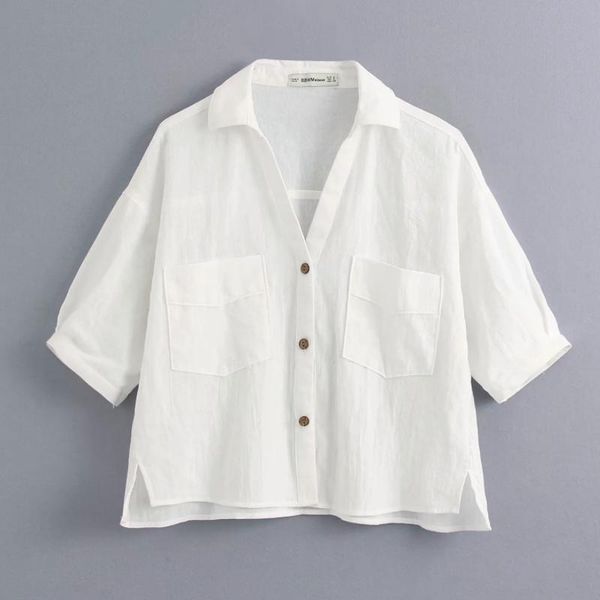 

2021 new women fashion solid color pockets patch casual blouse ladies chic linen smock shirts split femininas blusas, White