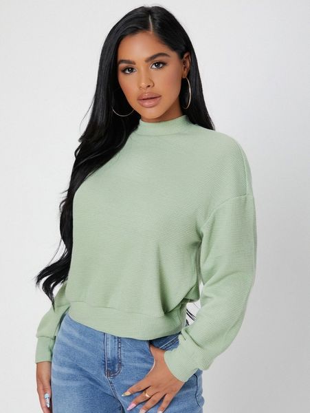 

petite solid mock neck drop shoulder sweatshirt x6vb#, White;black