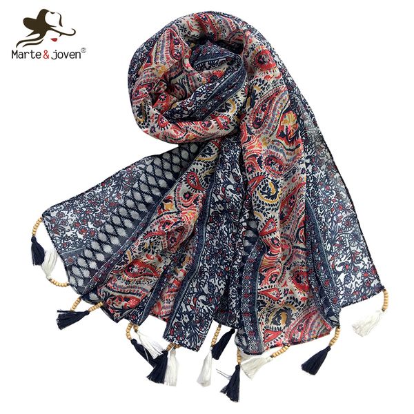

martejoven мода paisley цветов печати из бисера кисточкой весна длинный шарф для женщин малый цветочный узор хлопок blended шали y201024, Blue;gray