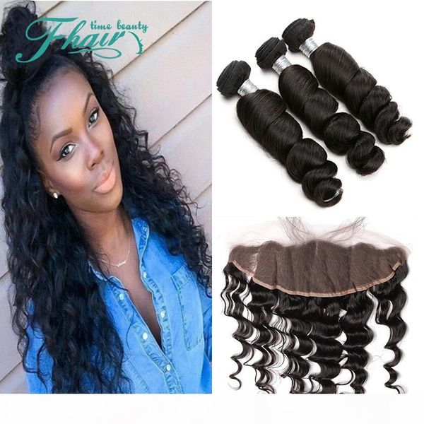 

7a brazilian loose wave lace frontal closure with 3pcs hair bundles,13x4 ear to ear lace frontal with 3pcs lot beauty hair, Black