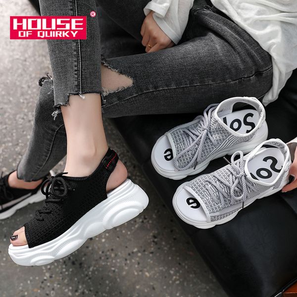 

summer fashion coconut shoes female breathable net cloth beach shoes women sport sandals open-toed platform mesh wedges lace-up, Black