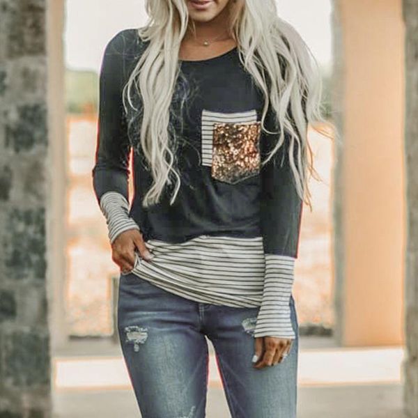 

womens o-neck stripe blouse pullover sequins splicing loose long sleeves shirt fashion autumn winter basic and blusa, White